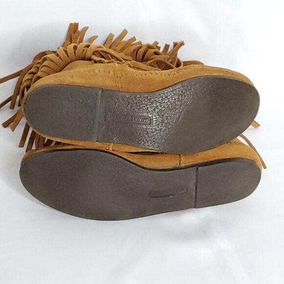 Minnetonka 3 Layer Fringe Moccasin Boots 9 Brown Suede Mid Calf Boho Hippie - Picture 9 of 13